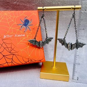 Betsey Johnson Halloween bat dangle earrings with silver glitter and rhinestones